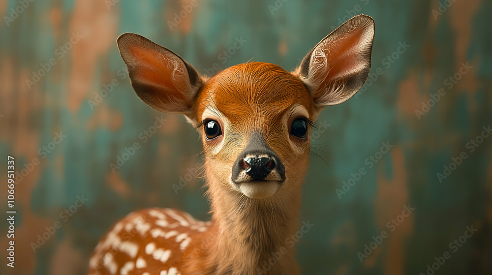 A close-up portrait of a fawn with expressive eyes and soft fur, showcasing its unique spots against a textured background. A close-up portrait of a fawn with expressive eyes and soft fur, showcasing its unique spots against a textured background.
