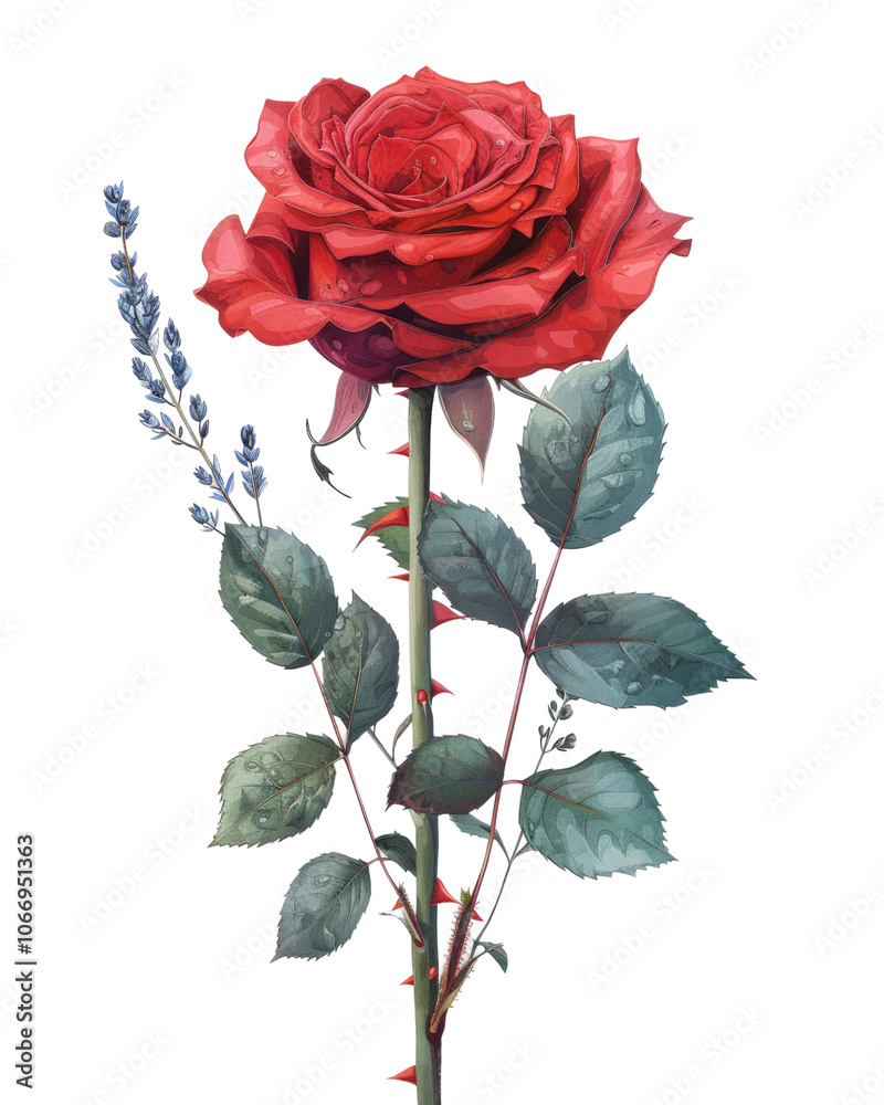 Obraz premium A vibrant red rose with green leaves and a blue flower, symbolizing beauty and love.