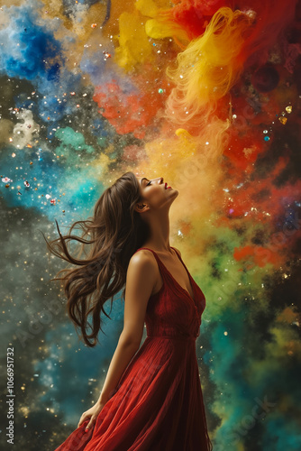 A woman in a red dress standing in front of a colorful explosion of paint