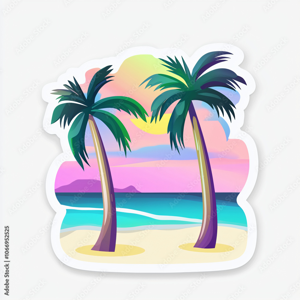 lat cutout vector sticker of a picturesque tropical beach with palm leaf shadows on the white sand, isolated on white background