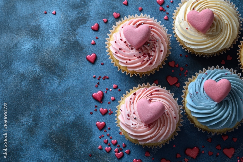 valentines day banner with pastel cupcakes and heart confetti, perfect for dessert fans, featuring space for text