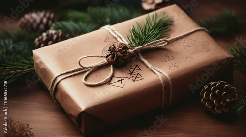 Rustic gift wrapped in brown paper with pine sprig and twine.