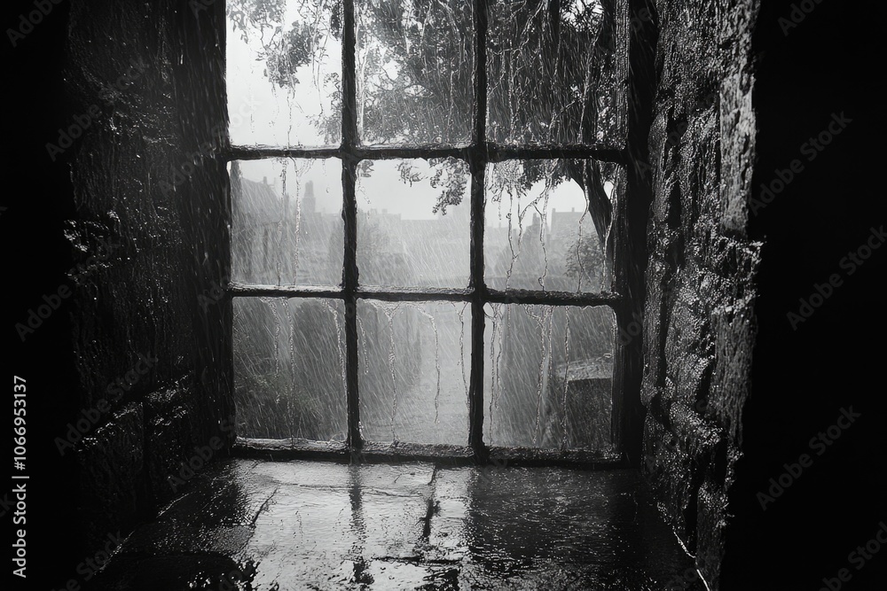 Moody rainy view through old window with dripping water and stormy sky Moody rainy view through old window with dripping water and stormy sky