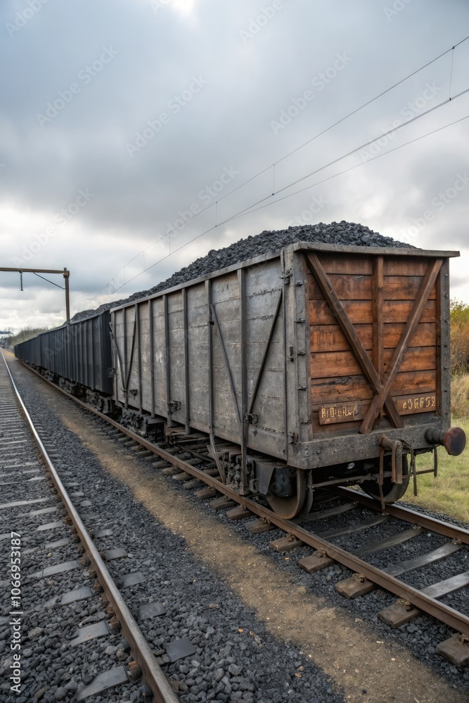 Coal wagons loaded with coal along railway tracks on an overcast day in a rural area. Generative AI Coal wagons loaded with coal along railway tracks on an overcast day in a rural area. Generative AI