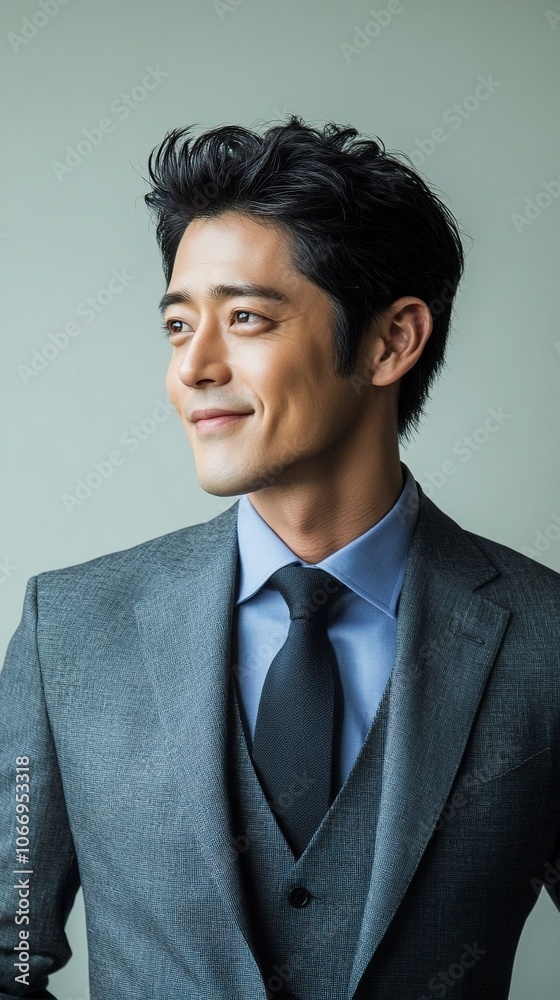 A handsome man in his thirties, of Asian descent, dressed in a delicate gray suit and blue shirt, with a black tie. He has short hair, big eyes, generative ai A handsome man in his thirties, of Asian descent, dressed in a delicate gray suit and blue shirt, with a black tie. He has short hair, big eyes, generative ai