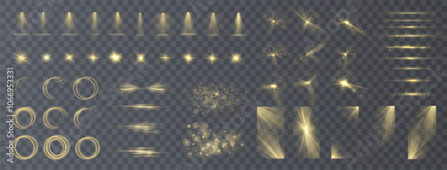 Light yellow Star, Soft Sunny Sparkle. Blue Flash and White Light. Sparkle, dust, line, solar flare, spark and stars, spotlight, curve. Spotlight and Star with Bokeh and Dust Effect. Glowing Abstract 