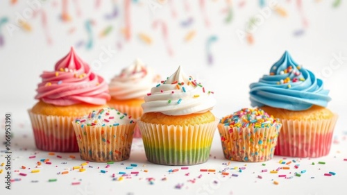 Colorful birthday cupcakes, featuring a rainbow of vibrant frosting and sprinkles, arranged on a clean white background, frosting, cupcakes, colorful