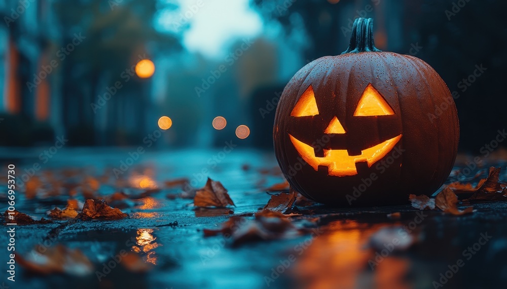 Pumpkin decorations illuminate city streets during autumn festivities Pumpkin decorations illuminate city streets during autumn festivities
