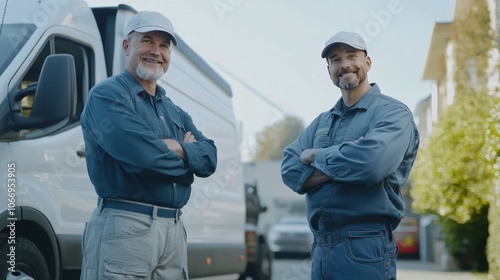 Friendly Technicians Posing Near Their Service Van