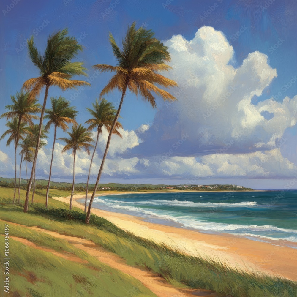 A picturesque tropical beach with palm trees swaying in the wind, a sandy shore, clear blue water, and a bright sky with fluffy white clouds. A picturesque tropical beach with palm trees swaying in the wind, a sandy shore, clear blue water, and a bright sky with fluffy white clouds.