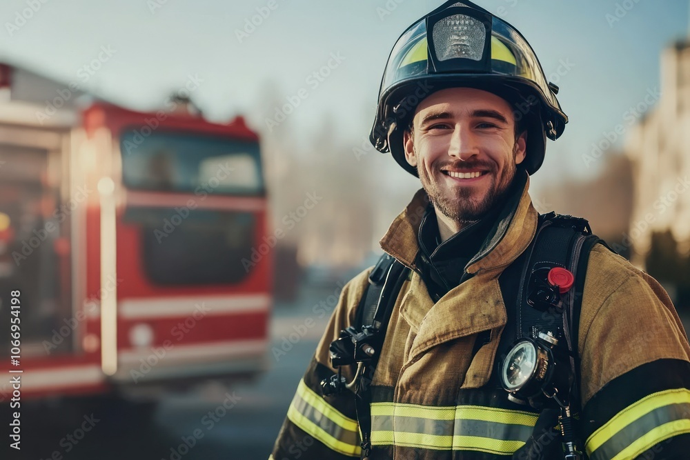 Cheerful Firefighter in Gear with Confident Pose Cheerful Firefighter in Gear with Confident Pose