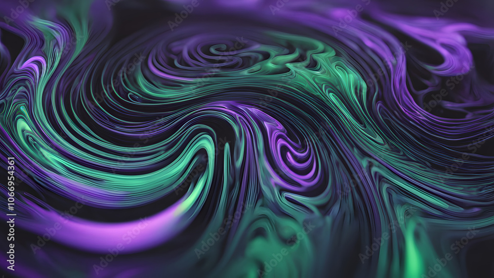 Fototapeta premium A holographic liquid swirl forming intricate patterns on a dark surface shifting from violet to green, AI generated