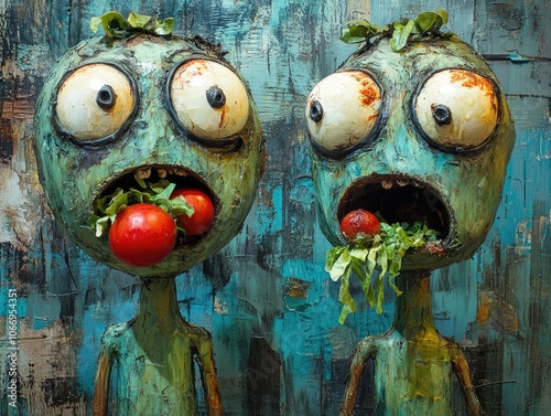 Whimsical vegetable creatures with tomatoes and lettuce expression