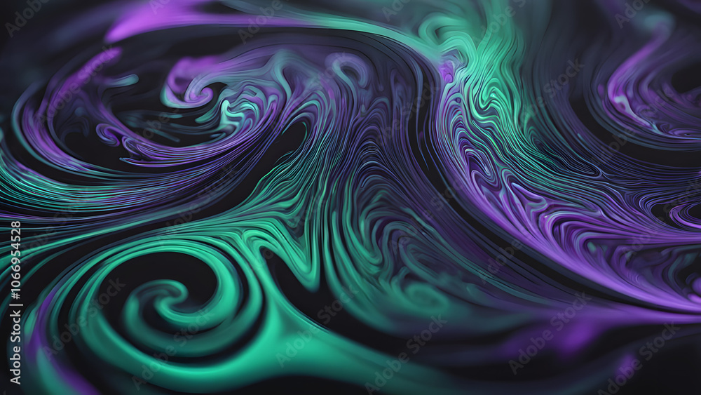 A holographic liquid swirl forming intricate patterns on a dark surface shifting from violet to green, AI generated A holographic liquid swirl forming intricate patterns on a dark surface shifting from violet to green, AI generated