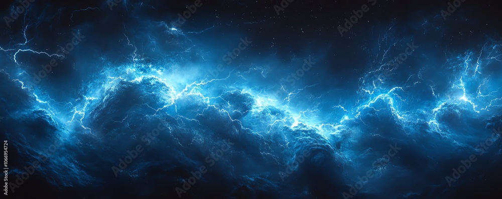Dynamic electric blue lightning bolts lighting up the night sky, capturing the intensity and beauty of a dramatic electrical storm