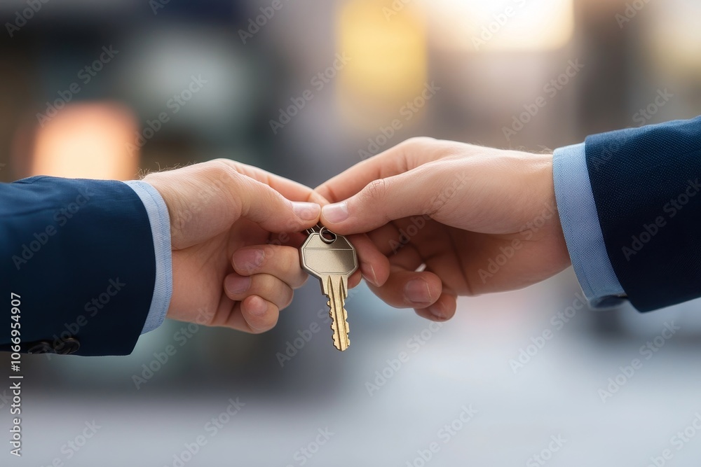 © Rising Monk - Realtor agent giving a key of apartment to new owner after signed lease agreement, Generative AI © Rising Monk - Realtor agent giving a key of apartment to new owner after signed lease agreement, Generative AI
