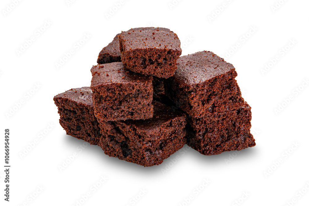 Pile of sweet crispy brownie chocolate cube isolated on white background with clipping path.