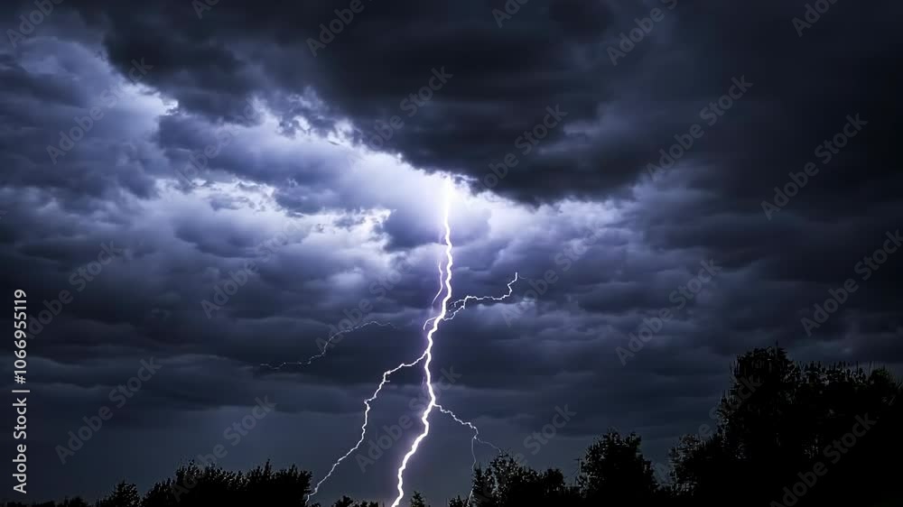 A bright bolt of lightning cuts through a dark sky, illuminating the clouds above a forest