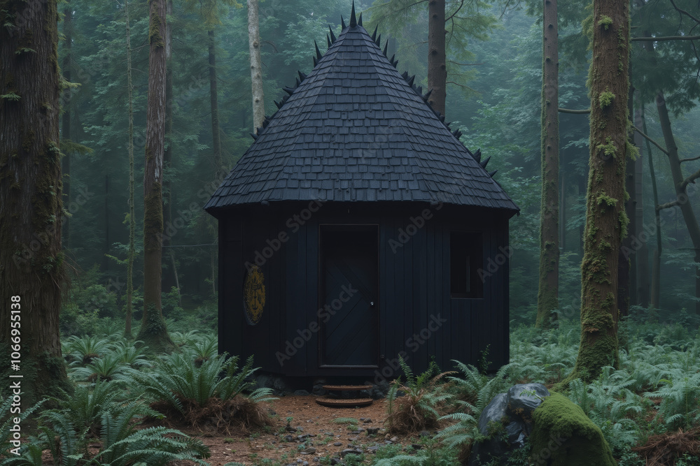 A small black building in the middle of a forest A small black building in the middle of a forest