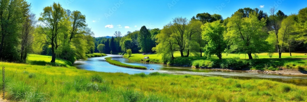 Idyllic summer landscape with lush green trees, meadows, flowing river, and bright sun, outdoors, river, peaceful Idyllic summer landscape with lush green trees, meadows, flowing river, and bright sun, outdoors, river, peaceful