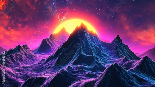 A vibrant and surreal landscape with a large sun rising over a range of blue and purple mountains against a backdrop of a starry sky with a galaxy nebula in the distance.