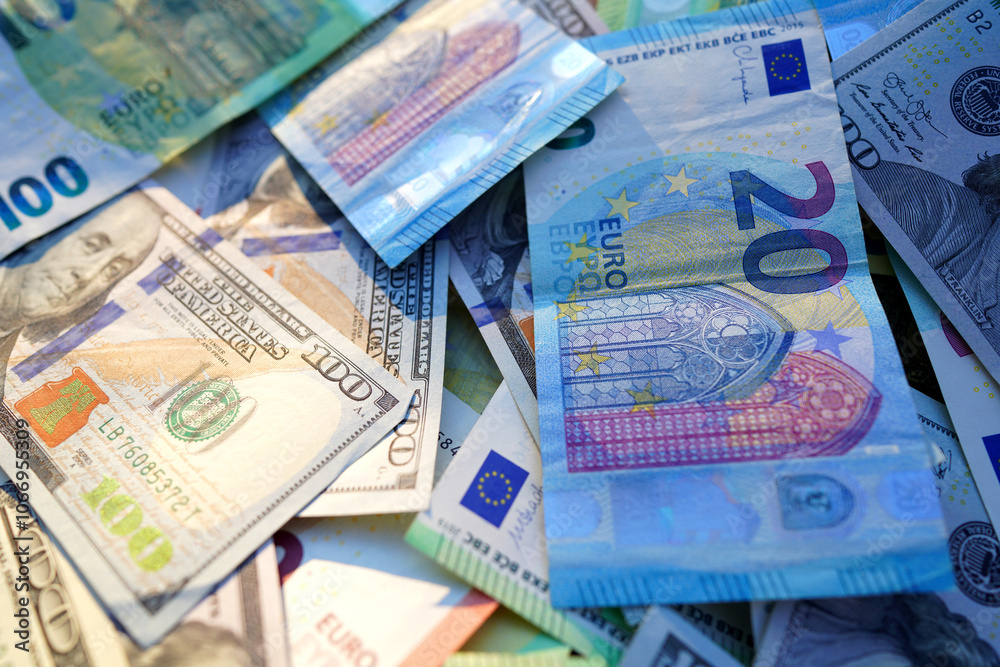 Money background. Dollar and Euro Banknotes. Euro cash payment. USA money and European Union bills. Economic US dollars Euro. Bills for pension and salary. Euro, 100 Dollar background. American money. Money background. Dollar and Euro Banknotes. Euro cash payment. USA money and European Union bills. Economic US dollars Euro. Bills for pension and salary. Euro, 100 Dollar background. American money.
