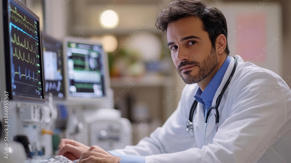 A focused doctor monitors vital signs on a computer in a clinical setting, showcasing dedication to patient care and advanced medical technology. A focused doctor monitors vital signs on a computer in a clinical setting, showcasing dedication to patient care and advanced medical technology.