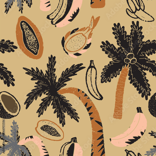 Palm trees and exotic tropical fruits texture stylized seamless pattern rapport vector