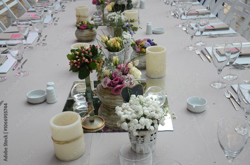 Beautiful Wedding Decor: Tables with Lush Floral Arrangements and Candles Outdoors at Evening