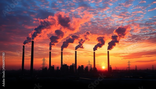 A powerful image of smoke stacks from an industrial company silhouetted against a breathtaking sunset sky, illustrating the interplay of industry and nature photo