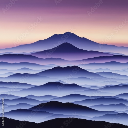 Layers of mountains shrouded in mist at sunrise with a purple and pink sky.