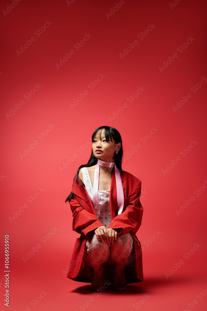 A stunning Asian woman captures attention with her graceful stance and striking outfit. A stunning Asian woman captures attention with her graceful stance and striking outfit.