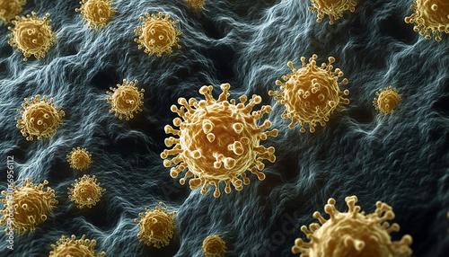 A striking visual of a single virus under microscope examination, with bacteria actively responding to it, representing the frontlines of disease defense photo