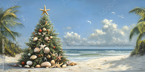 A tropical beach scene features a decorated Christmas tree adorned with shells and starfish against a serene ocean backdrop and gentle waves