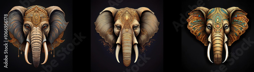 Three elephant masks with intricate patterns, isolated against a black background. photo