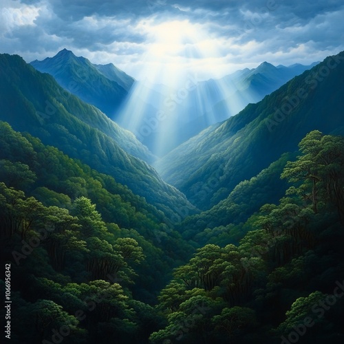 Sunbeams break through the clouds and illuminate a lush mountain valley.