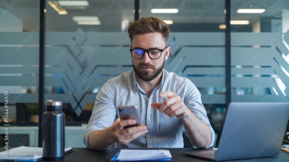Businessman Working on Laptop and Smartphone in Modern Office Businessman Working on Laptop and Smartphone in Modern Office