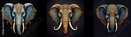 Three elephant mask illustrations are isolated on a black background. photo