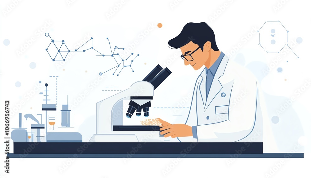 An engaging image of a scientist in a lab coat using a microscope to study a sample, set against a backdrop of advanced laboratory equipment in medical biology An engaging image of a scientist in a lab coat using a microscope to study a sample, set against a backdrop of advanced laboratory equipment in medical biology
