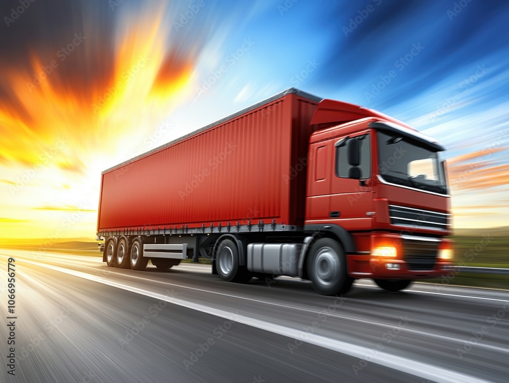 Red truck transporting cargo on highway at sunset Red truck transporting cargo on highway at sunset