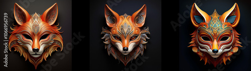 Three intricately designed fox masks, isolated on a black background.