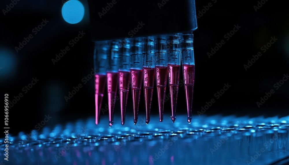 Scientists conduct precise experiments using pipettes in a laboratory setting Scientists conduct precise experiments using pipettes in a laboratory setting