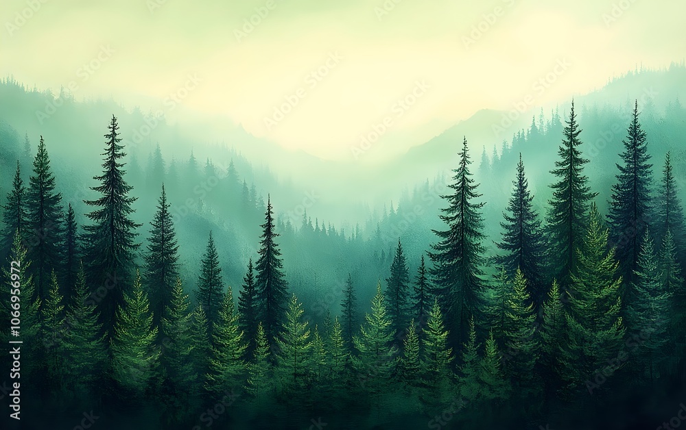 Fototapeta premium Lush green coniferous forest shrouded in mist, creating a serene and tranquil atmosphere, showcasing layers of evergreen trees against a soft, hazy backdrop.