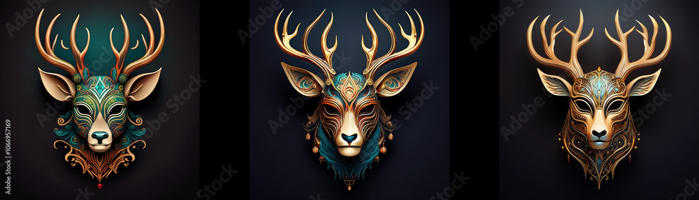 Three isolated deer masks with antlers on a black background. Three isolated deer masks with antlers on a black background.