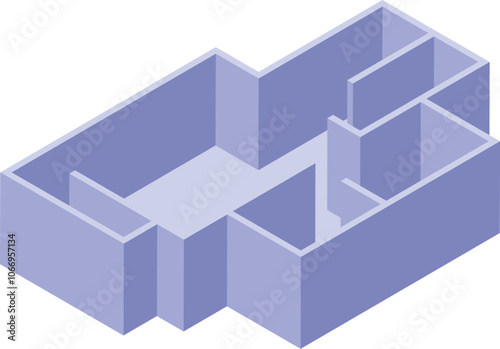 Empty apartment or office floor plan with walls and rooms in isometric view, ideal for real estate or architectural projects