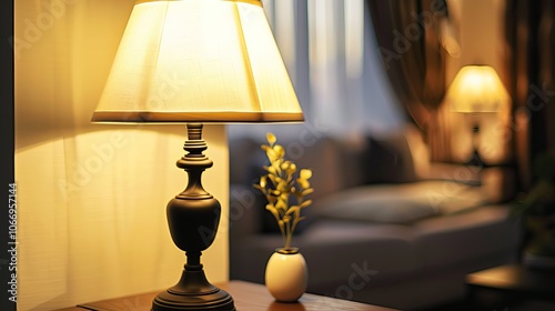 Cozy Table Lamp with Warm Light and Vase in Comfortable Living Room Interior Setting