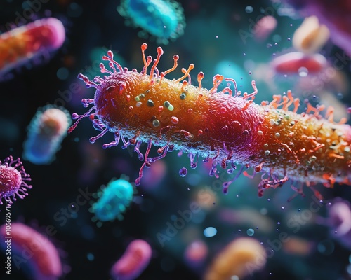 An intense microscope scene highlighting a single virus under magnification, with diverse bacteria fighting against it, representing the dynamics of disease interactions photo