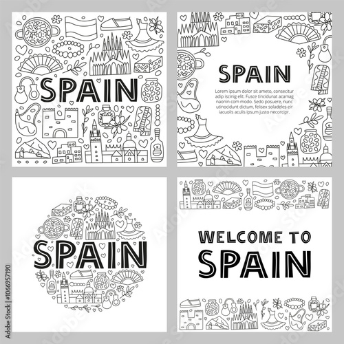 Spanish national landmarks and attractions in doodle style isolated on white background. Welcome posters. Spanish tourism concept.