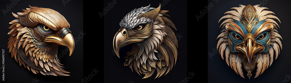 Three intricately carved bird masks against a black background.