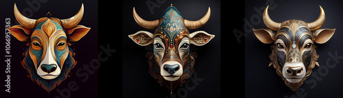 Three bull masks are displayed in a row against a black background. photo